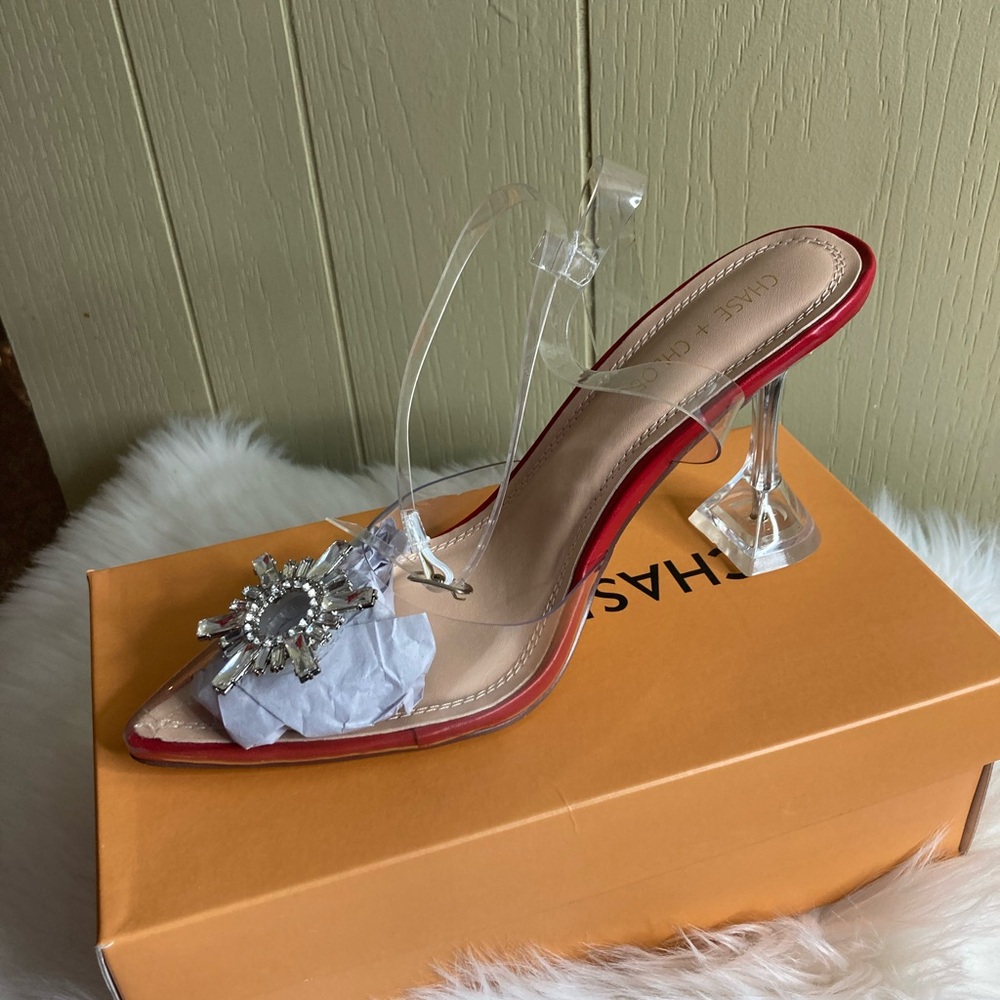 Chase + Chloe Clear Heels with Red Trim